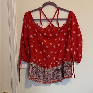 Red and White Tie Front Blouse with Cuffed Sleeves